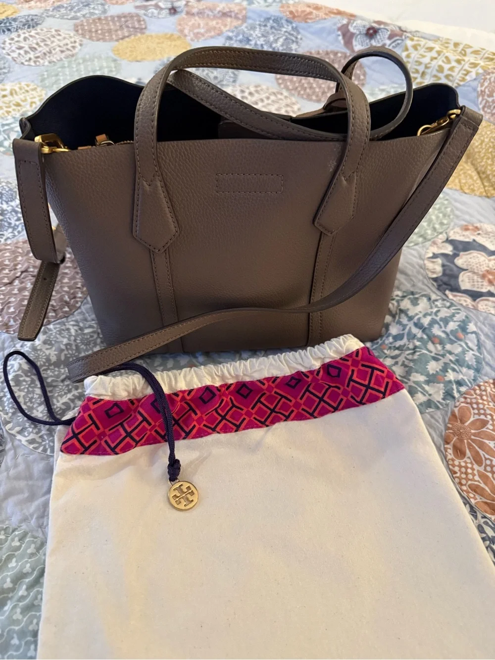 Tory Burch Taupe Pebbled Leather Mini Tote with Gold Hardware